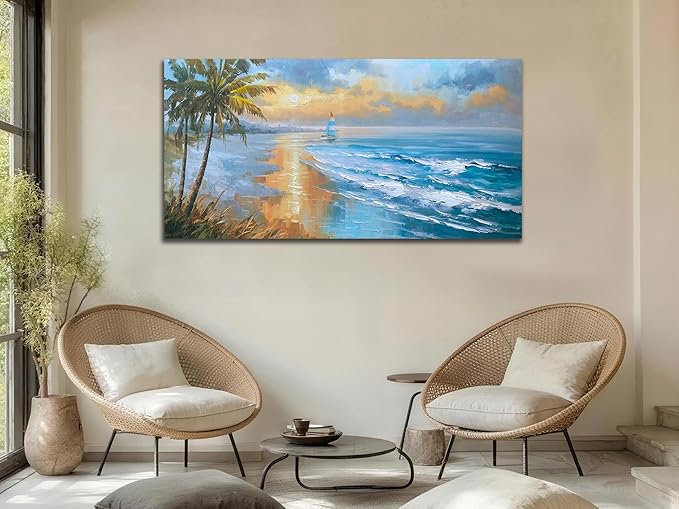 Enartly 3D Textured Seascape Wall Art for Living Room, Ocean Nature Coconut Tree Landscape Canvas Painting Artwork Framed Bedroom Bathroom Hallway Home Office Wall Decor, 58"x29"