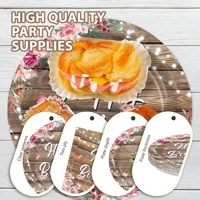 96Pcs Wooden Birthday Party Supplies Wooden Butterfly Happy Birthday Plates and Napkins Wood Grain Pink Rustic Tableware Set for Girls Floral Baby Shower Party Decorations Serves 24