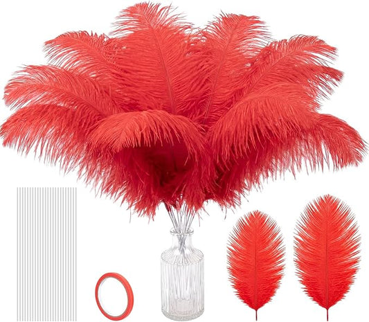 Hanaive 150 Pcs Ostrich Feathers Set Bulk Plumes 12-14 Inch (30-35cm) 70 Pcs Large Ostrich Feathers with 80 Sticks and Tape for DIY Crafts Wedding Home Party Centerpiece Decorations(Red)