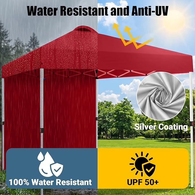 10x10 Pop Up Canopy Tent with One Sidewall, Instant Folding Outdoor Shelter with Air Vent, High Strength Steel Frame and Handheld Carry Bag for Backyard Party, Camping, Red