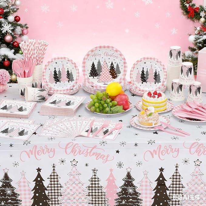 Funnymoom 452 Pcs Pink Christmas Party Decoration for 50, Buffalo Plaid Gingham Pink Xmas Tree Paper Plates Napkins Cups Tablecloth Cutlery Straws for Friendsmas Holiday Baby Shower Party Supplies
