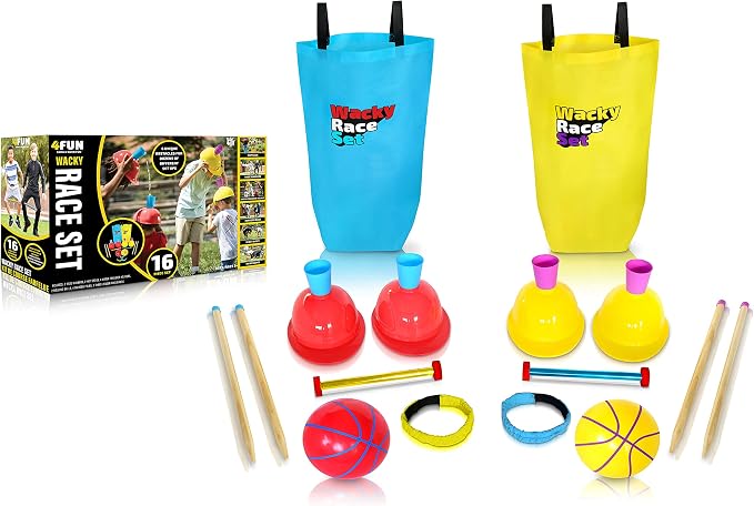 4FUN Wacky Race Set - Family Fun Outdoor Yard Games - Set Includes Hop Sack Race, Knee Walkers, Nose Nudge, Water Helmet Relay, 3-Legged Race, and Wizzy Dizzy – Great for Ages 3+