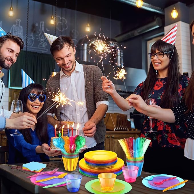Kochorie 112 PCS Neon Party Supplies Serves 16 Including 7.5 & 10.25 In Disposable Plastic Neon Plates 9 Oz Cups Cutlery Napkins Tableware Set Dessert Cake Plates for Blacklight Party Birthday