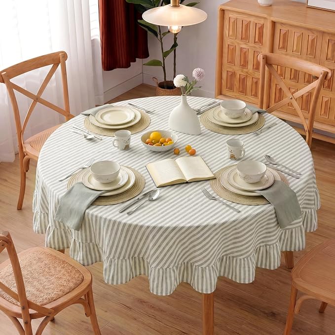 Boao Cotton 60 Inch Farmhouse Ruffle Tablecloth Sage Green White Striped Flounces Trim Table Cover for Round Table Kitchen Party Wedding Decor