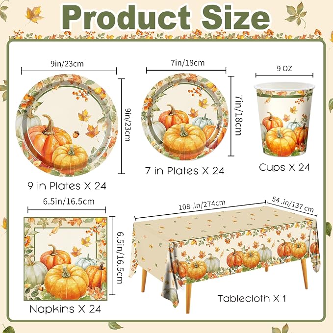Thanksgiving Paper Plates and Napkins Set Include Cups Tablecloth Fall Harvest Plates with Pumpkins and Maple Leaves, Thanksgiving Party Supplies Set Party Decorations for 24 Guest