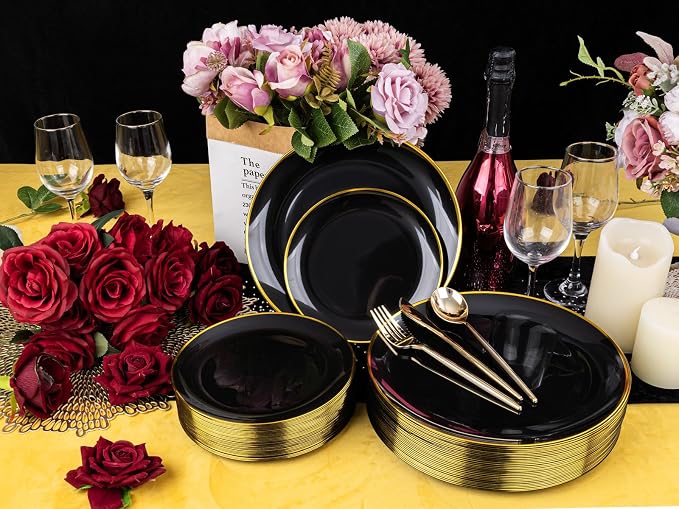 ejonirinjonir EI 180pcs Black Plastic Plates Black and Gold Disposable Plates Gold Plastic Dinnerware Set Silverware and Cups for Birthday,Wedding,Festival,Party,Graduation Decorations,Business Event