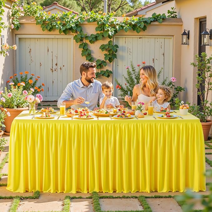PARTISKY 1 Pack Yellow Tablecloths for Rectangle Tables 4ft, Wrinkle Resistant Spandex Table Cover Fitted Stretch Table Cloth with Pleated Ruffle Skirts for Party Banquet Dining Birthday Wedding