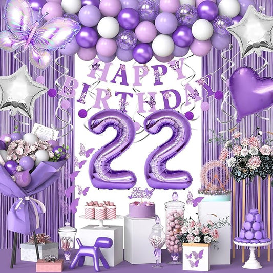 22nd Purple Birthday Decorations for Women, Purple Pink 22nd Birthday Decorations Butterfly Theme Lavender Party Decor Set with Number Balloons, Banner, Sash, Butterfly Stickers