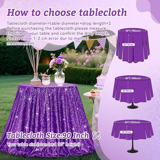 B-COOL Sequin Tablecloth Round Party Decorations: Purple Table Cloth Overlay 90 Inch Sparkle Fabric for Birthday Beach Parties Halloween