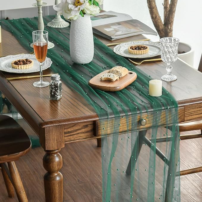 Artoid Mode 3PCS Pearl Dark Green Gauze Table Runner 120 Inch 10FT, Seasonal Sheer Dining Holiday Wedding Birthday Baby Shower Table Decor for Home Party