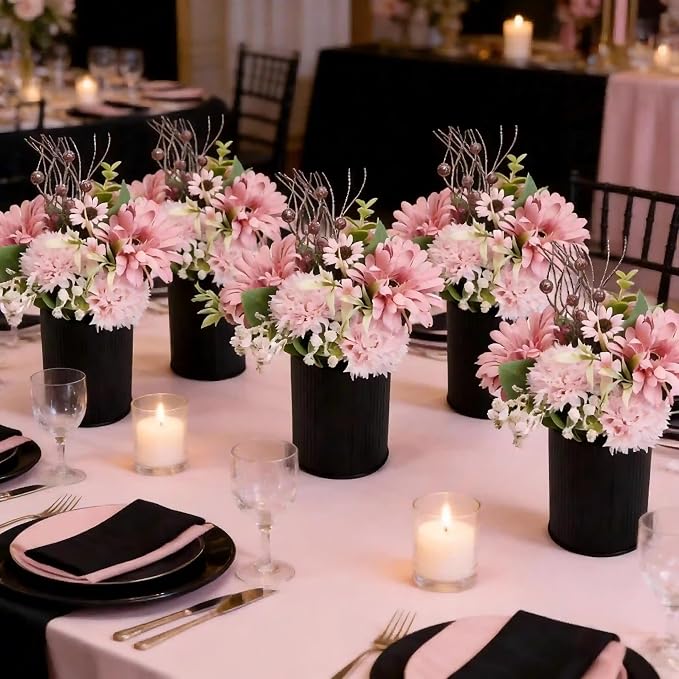 Pink Flowers Table Centerpieces - Set of 6 Pre-Made Daisy Floral Arrangements with Black Metal Vase for Birthday, Baby Shower, Party, Events Celebration Decorations - Dusty Pink & Rose Gold