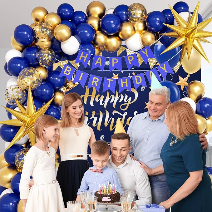 Blue and Gold Birthday Decorations, Blue Gold White Foil Balloons Happy Birthday Banner Blue Tablecloth Backdrop for Happy Birthday Decorations for Men