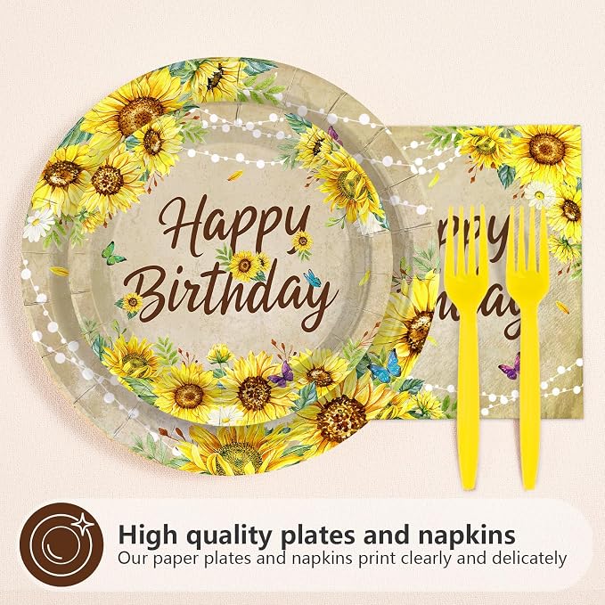 96 Pcs Sunflower Birthday Party Decorations Vintage Sunflower Plates and Napkins Disposable Yellow Sunflowers Tableware Set for Women Girls Spring Fall Birthday Wedding Party Supplies Serves 24