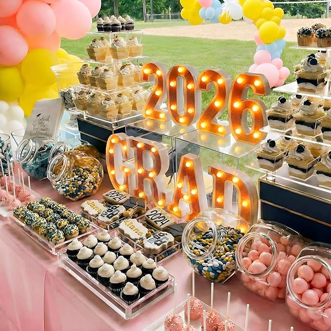 Honoson 8 Pcs Pink GRAD 2026 Sign Grad 2026 LED Sign Light up Graduation Party Decorations, Glitter Pink Light up Numbers Letters, Class of 2026 Decoration for Table High School Senior College Party