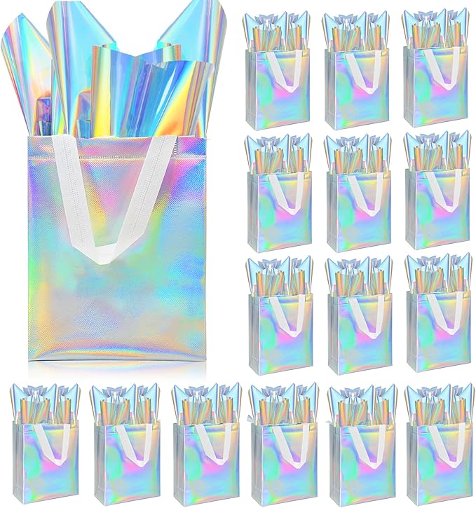 ZIFTY 15PCS Iridescent Gift Bags with Handles, Reusable Non-woven Goodie Christmas Gift Bags Bulk with Tissue Papers for Birthday, Wedding, Easter, Holiday Party，Party Favor Bags
