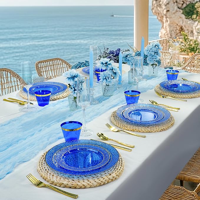 350PCS Clear Blue Plastic Plates for 50 Guests, Disposable Dinnerware Set for Party and Graduation, Includes 100 Plastic Plates, 50 Pre Rolled Napkins with Gold Silverware, 50 Cups