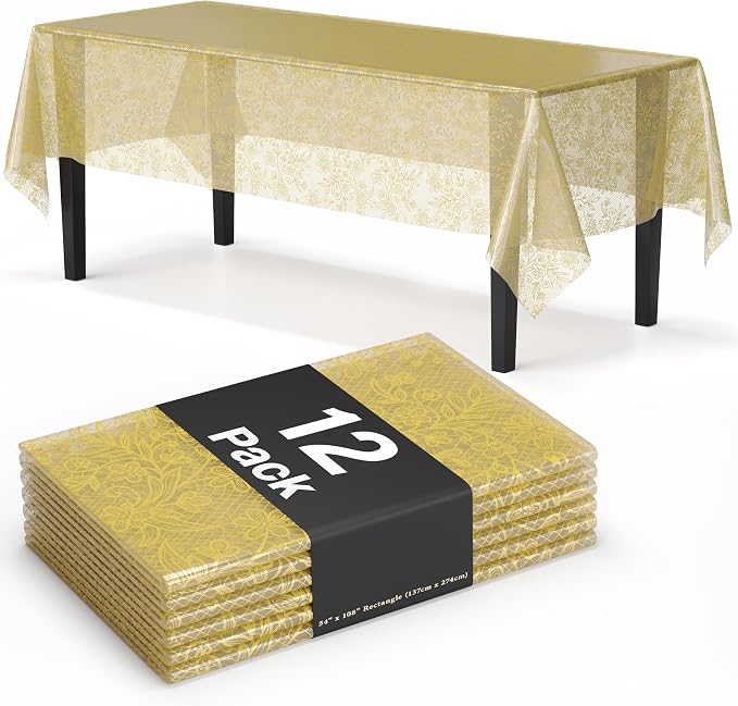 Exquisite Lace Table Cloth Rectangle Table Plastic 12-Pack Lace Tablecloth Rectangular 54" X 108" | Clear & Gold Floral Tablecloth Disposable | Wild Flower Party Decorations & Party Supplies