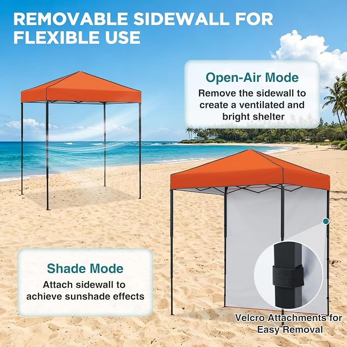 EAGLE PEAK 6x4 Instant Pop Up Canopy Tent with 1 Side Wall Panel, Straight Leg Sun Shelter, Portable Canopy with Carry Bag for Camping, Beach & Sports, Orange