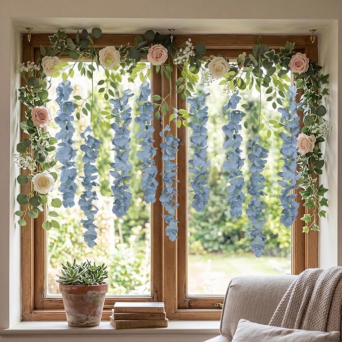 12PCS Dusty Blue Artificial Wisteria Hanging Flowers 3.6Ft Fake Bushy Silk Hanging Flowers Garland Faux Wisteria Vine for Garden Home Wedding Arch Baby Shower Party Decorations (Dusty Blue)