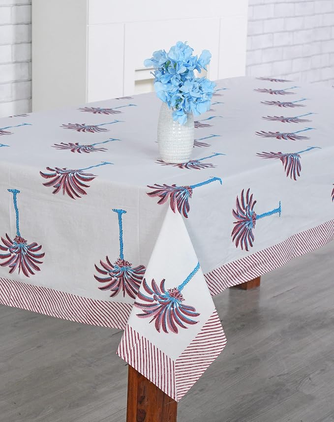 Ridhi Red Palm Hand Block Print Cotton Rectangle Tablecloth 120" x 80" inches Reusable Table Cover Decorative Everyday Use for Dining Room, Farmhouse, Home Gift for Spring, Mother's Day