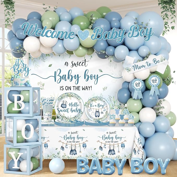 Blue and Sage Green Baby Boy Shower Decorations, All-in-1 Boho Baby Shower Decorations Boy with Balloon Arch Boy Boxes Plates Napkins Cake Toppers Tablecloth Backdrop Banner for Its a Boy Baby Shower
