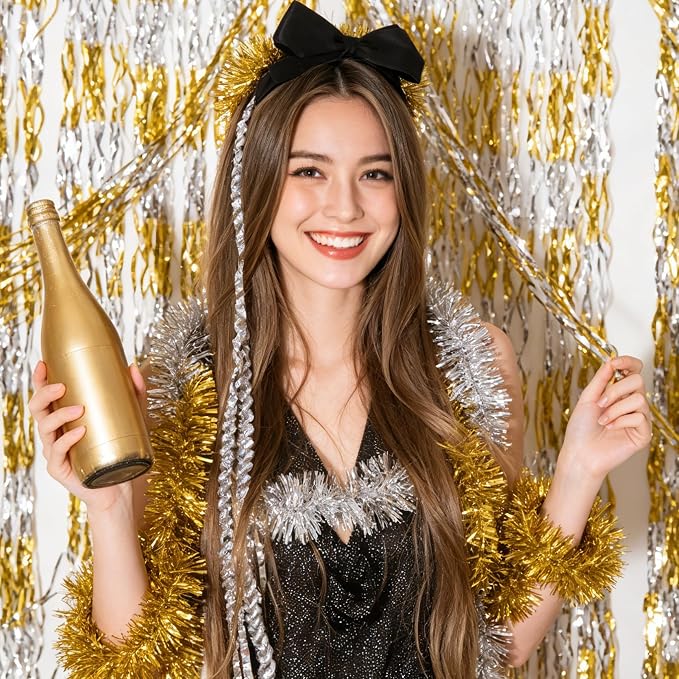 GOER Metallic Tinsel Foil Fringe Curtains Party Photo Backdrop Party Streamers for Birthday,Graduation,New Year Eve Decorations Wedding Decor (5 Packs,Gold&Silver)