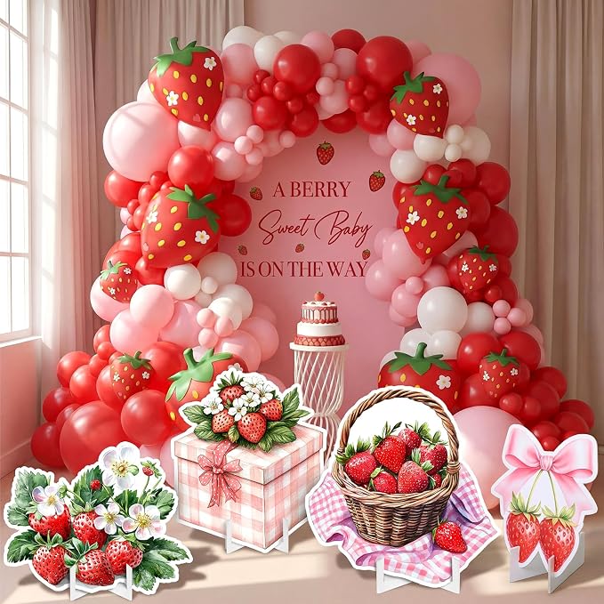 Honoson 4 Pcs Large 32" Strawberry Baby Shower Decorations Cardboard Cutouts, Berry First Birthday Decor Backdrop Photo Booth Props for a Berry Sweet Baby Is on The Way Theme Party Supplies