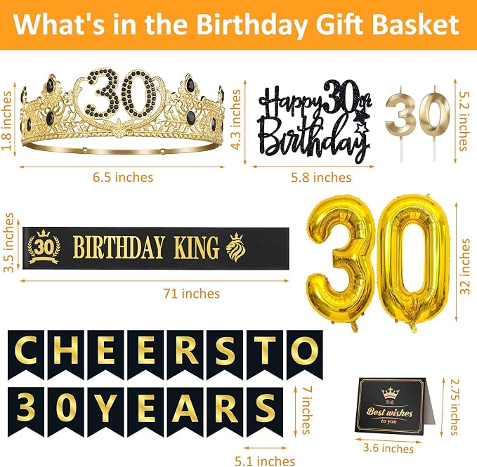 30th Birthday Gifts for Men, 30th Birthday Decorations for Men, Party Decor Supplies including King Crown & Sash & Banner & Balloons & Cake Topper & Candles
