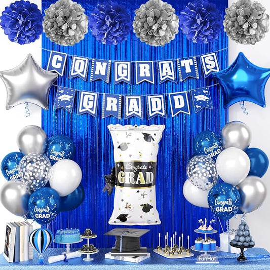 Graduation Party Decorations Pink, Congrats GRAD Banner Paper Pompoms Blue Fringe Curtain Backdrop Silver Star Foil Balloons Navy Blue Latex Balloon for Graduation Class of 2026 Decorations