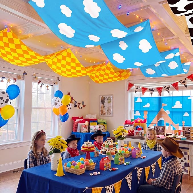 Feifeiya 3 Pcs 36 ft Cartoon Story Party Decorations Cartoon Story Classroom Celling Banner with Cow Blue Sky White Clouds Print for First Day Back to School Classroom Birthday VBS School Decorations