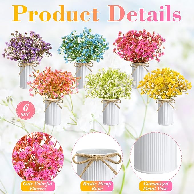 Wavwavw 6 Set Babys Breath Artificial Flowers Centerpieces for Tables Gypsophila Faux Fake Flowers with Vase Floral Arrangement Bouquets for Wedding Dining Table Home Party Decor