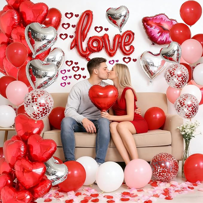 Wedding Anniversary & Valentine’s Day Heart Balloon Set- 200+Pcsred balloons heart balloons, Rose Petals, Metallic Love Letters, Hearts for Anniversary, Wedding, Proposal, Party Decor
