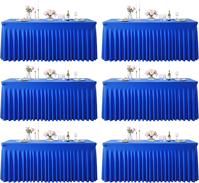 6 Pack 6ft Royal Blue Spandex Table Cloths for Rectangle Tables Wrinkle Free Rectangle Tablecloths, Stretch Fitted Table Cover with Skirt for Birthday Party Wedding Banquet Baby Shower Buffet Event