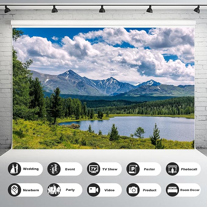 Mountain Lake Backdrop Pine Trees Forest Natural Landscape Photography Background Tranquil Lake Fantastic Mountains Blue Sky with Clouds Background Mountains Turquoise Water Backdrop Props 5x4ft