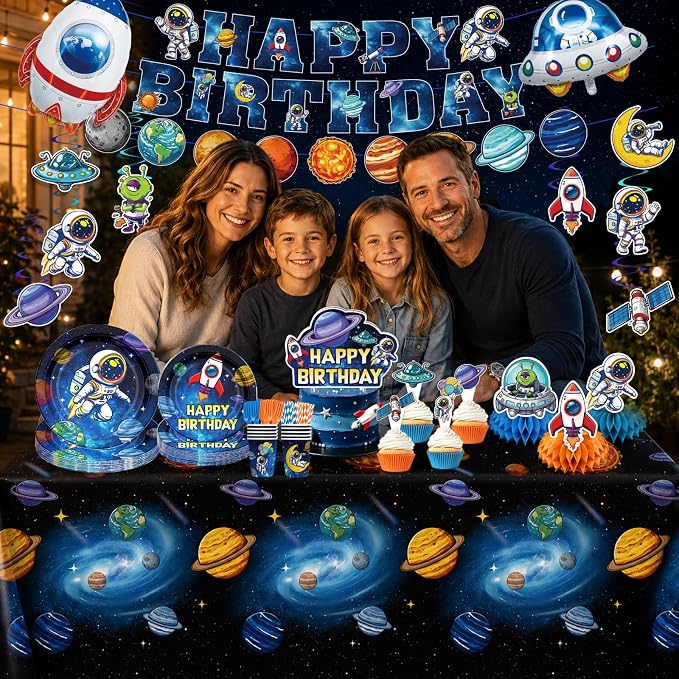 NeoRov 220 Pcs Space Themed Birthday Party Decorations Tableware Set | Service 25 Guests | Includes Banner, Cake Topper, Balloons, Plates And Napkins Paper Cup | For Space Astronaut Themed Party