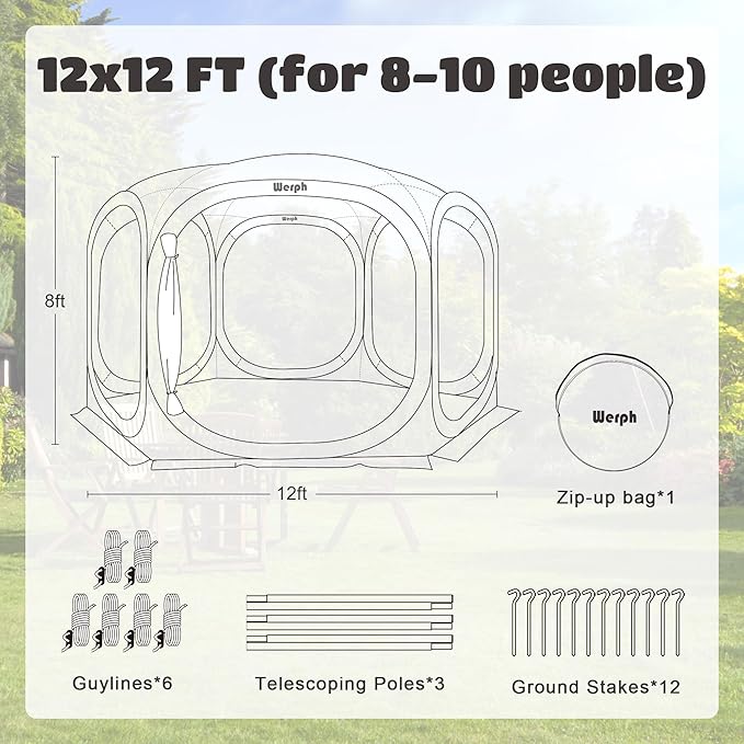 Werph 12x12 Pop Up Screen Tent, Mosquito Net Gazebo, UV Resistant, Green | Roof Waterproof Screen Canopy, Quick Setup Outdoor Shelter for Backyard, Patio, Garden, Picnic, Camping and Events
