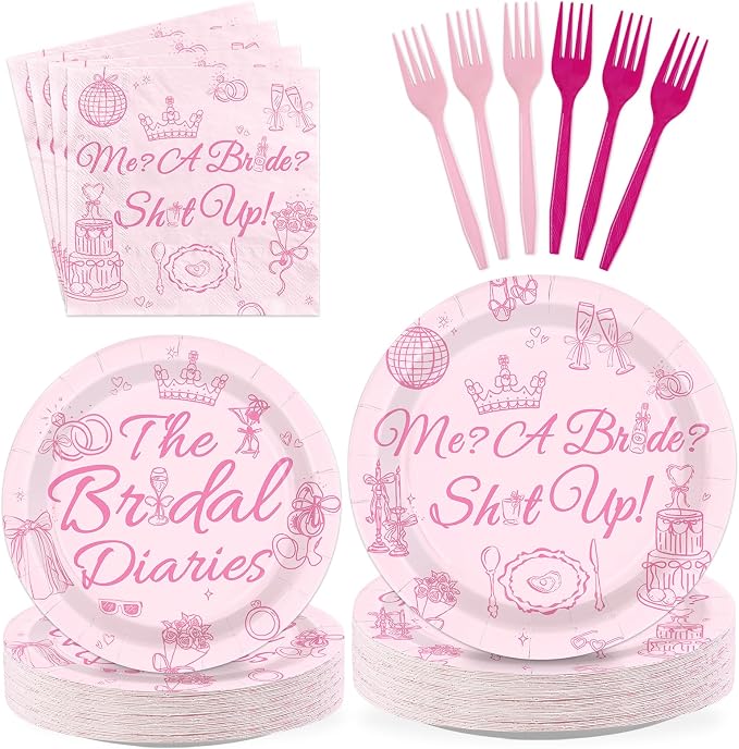 96Pcs Princess Bachelorette Party Decoration Me A Bride Shut Up Plates and Napkins Pink Diaries Funny Bridal Shower Tableware Set for Princess Wedding Bridal Shower Party Supplies Serves 24