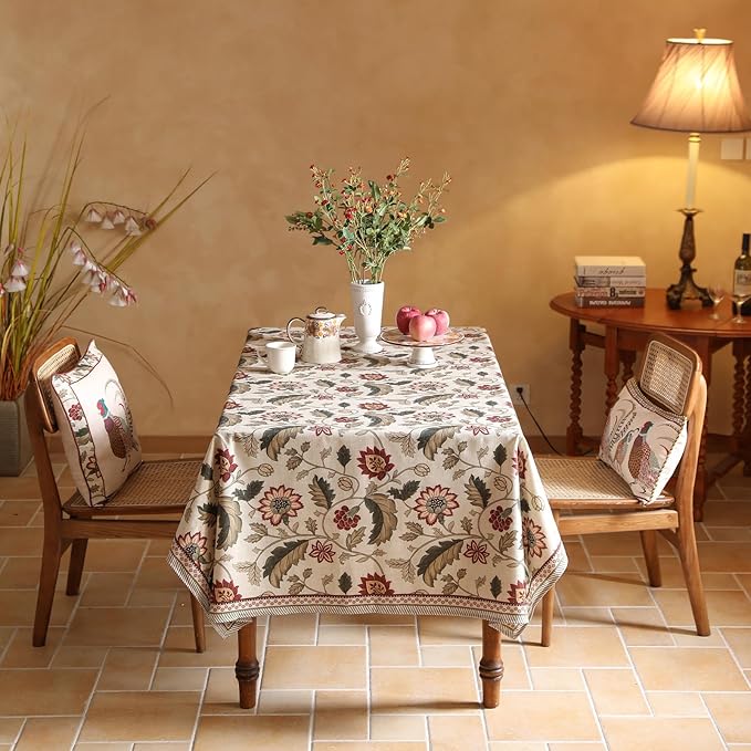 ISAENNE Designer Vintage Linen Tablecloth Rectangular,94"x63"-Ratina | French Elegant Printed Table Cloth for Rectangle Table,Floral Pattern,Decor,Heavyweight,Dining Room,Kitchen,Thanksgiving