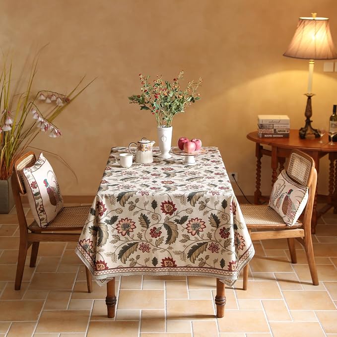 ISAENNE Designer Vintage Linen Tablecloth Rectangular,79"x55"-Ratina | French Elegant Printed Table Cloth for Rectangle Table,Floral Pattern,Decor,Heavyweight,Dining Room,Kitchen,Thanksgiving