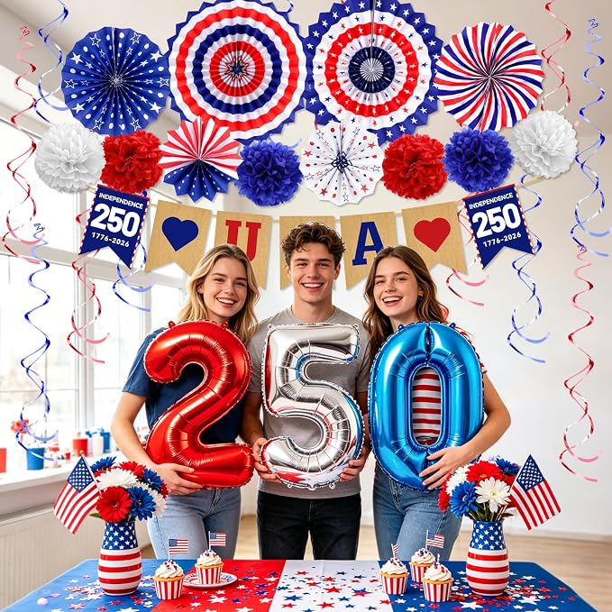34PCS 4th/Fourth of July USA 250th Anniversary Decorations Set, Red White Blue Patriotic Decorations, Love USA Banner American Flag Pom Poms Decor for Memorial Day Independence Day