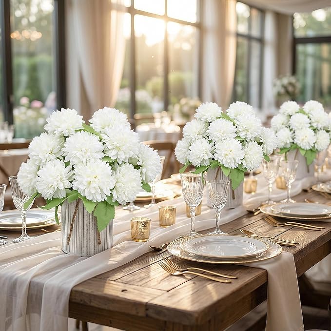 Pre-Made Flower Table Centerpieces, Set of 6 Artificial Silk Chrysanthemum with Farmhouse Metal Vases for Wedding, Birthday Parties, Home, Dining Table Decorations - Ivory White