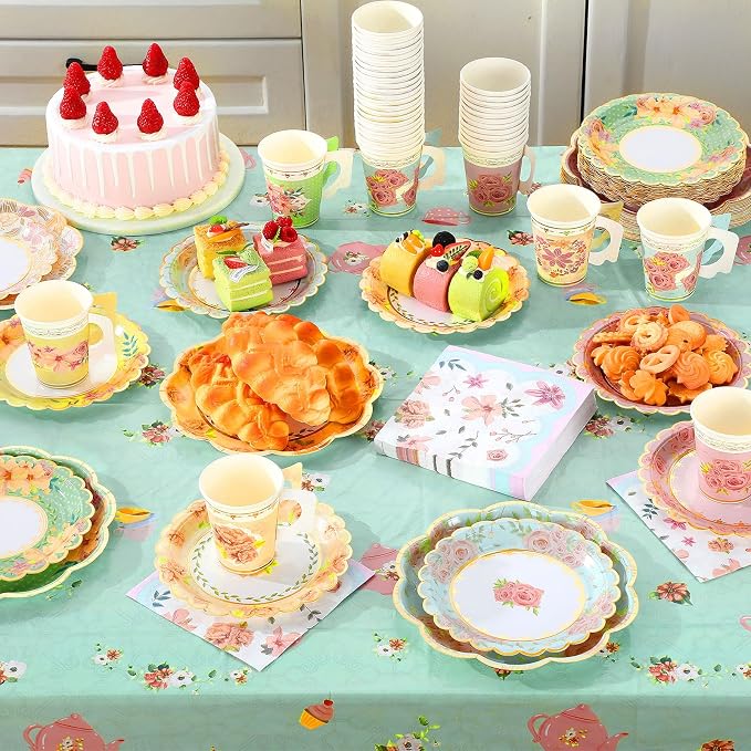Yungyan 97 Pcs 24 Guests Tea Birthday Party Supplies Disposable Tableware Set 9 oz Paper Tea Cups with Handle 7" 9" Paper Plates Napkin Tablecloth for Floral Party Wedding Baby Shower (Classic Style)