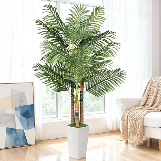 6ft Artificial Palm Tree Indoor Plant，Triple Faux Tropical Areca Floor Plant in Pot，Artificial Plants with Lifelike Leaves for Home Office Decor