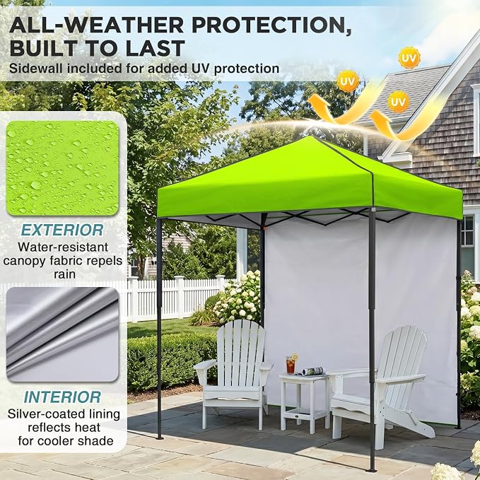 EAGLE PEAK 6x4 Instant Pop Up Canopy Tent with 1 Side Wall Panel, Straight Leg Sun Shelter, Portable Canopy with Carry Bag for Camping, Beach & Sports, Neon Green