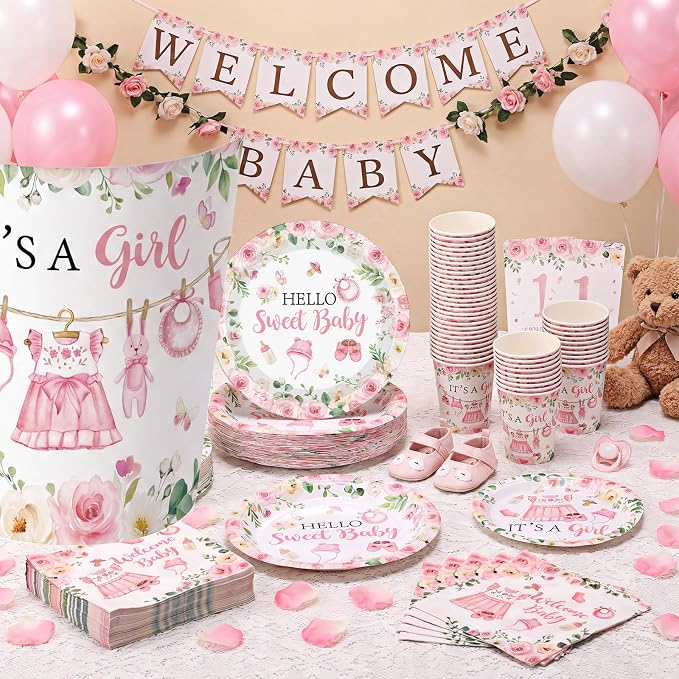 Pickmesh 250 Pcs Pink Floral Baby Girl Disposable Tableware Set Hello Sweet Baby Paper Plates Napkins Cups Cutlery for Gender Reveal Birthday Party Supplies Babies Shower, Serve 50 Guest