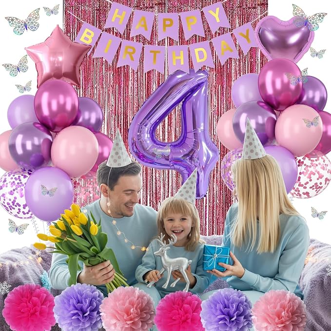 Pink Purple 4th Birthday Party Decorations for Girls Number 4 Balloon Happy Birthday Banner Butterfly Stickers Fringe Curtain Paper Pom Poms Metallic Hot Pink Star Foil Balloons 4 Year Old Princess