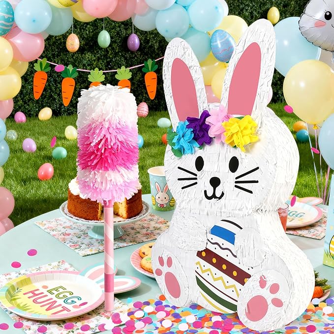 25" Large Bunny Pinata for Kids Birthday Party - Cute White Rabbit Party Supplies with Matching Stick, Blindfold & Confetti - Sturdy Spring Theme Decor for Easter & Baby Shower