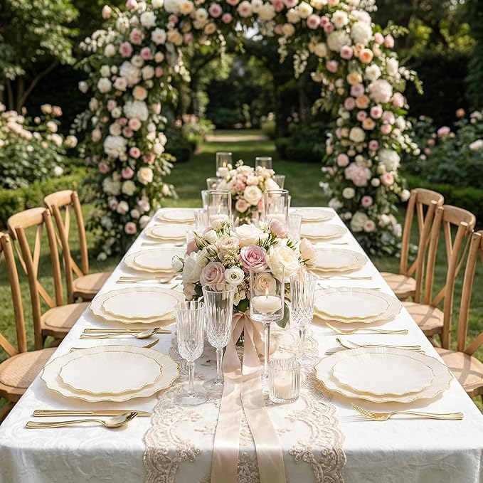 U-QE 150PCS Ivory and Gold Plastic Plates with Gold Disposable Silverware for 30 Guests, Vintage Ivory Plastic Plates Include 30 Dinner Plate,30 Dessert Plate,90 Cutlery for Bridal Shower, Party
