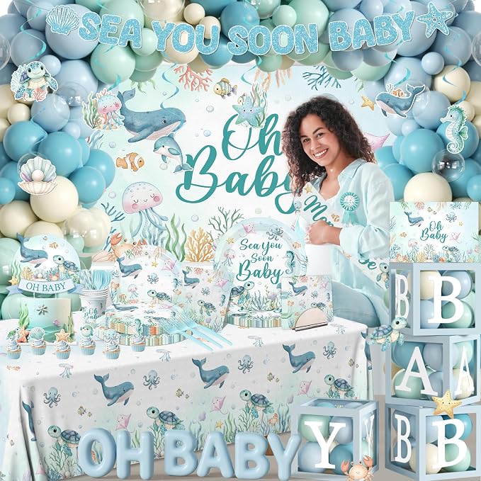 Sea You Soon Baby Shower Decorations, Under The Sea Party Decorations with Oh Baby Backdrop Banner Plates Napkins Ocean Tablecloth Balloon Arch Box for 1st Boy Birthday Party