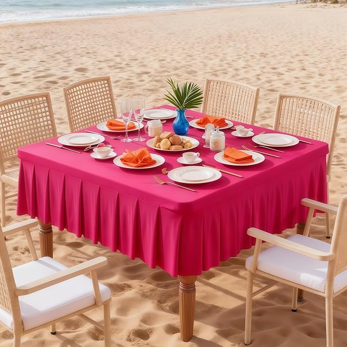 Wish Care Hot Pink Spandex Tablecloths for 34x34 Inch Square Tables, Stretch Fitted Table Clothes with Pleated Ruffle Skirt for 34” Table, Wrinkle Free and Elastic, for Party Kitchen Home Dining